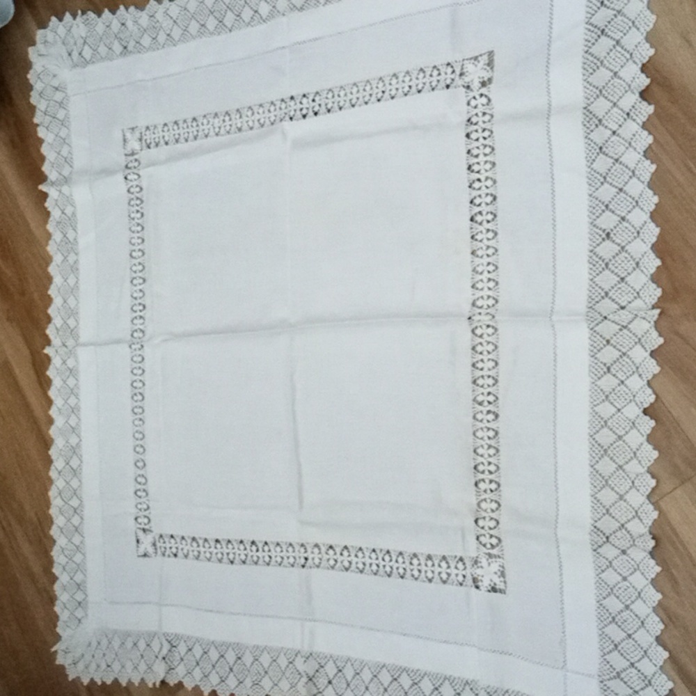 Vintage Handmade White Linen Crochet Tablecloth